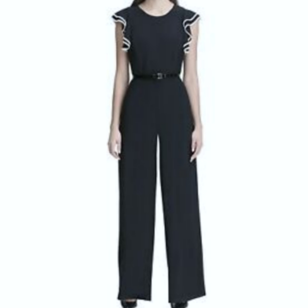 Deep navy jumpsuit with flutter sleeves